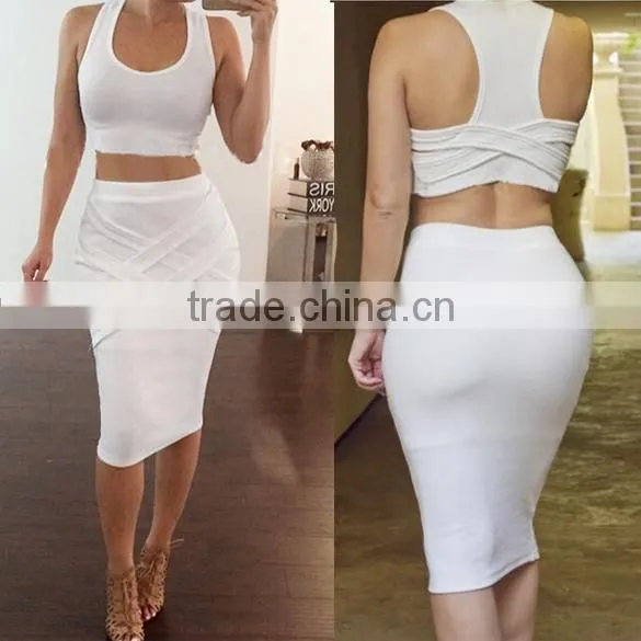 Stylish Lady Women's Casual Sexy High Elastic O-neck Sleeveless Tank Tops And Pencil Skirt Set photo-2