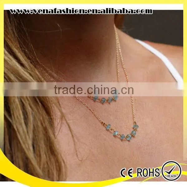 Blue Crystal Beads Simple Sexy Gold Plated Necklace photo-6