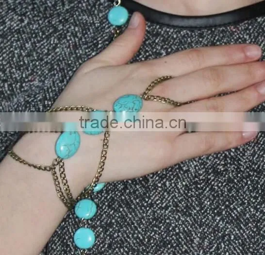 Trendy Boho Finger Ring Turquoise Harness Slave Chain Hand Bracelet photo-5