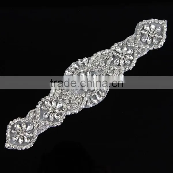 Pearl beaded rhinestone applique for bridal sash