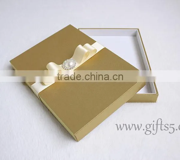 Luxury Handmade Gold Wedding Invitations Box With Ribbon Bow photo-5