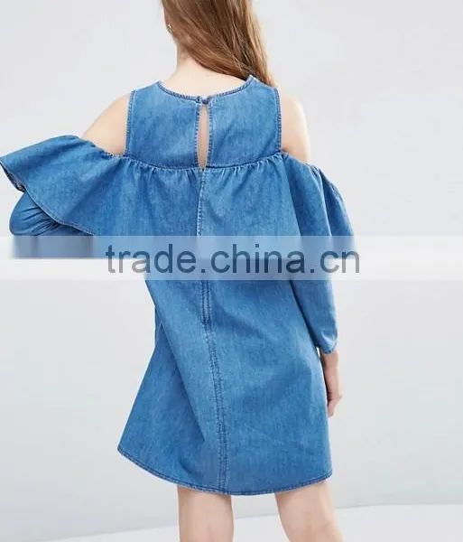 Shift Denim Dress With Cold Shoulder and Ruffle Detail photo-3