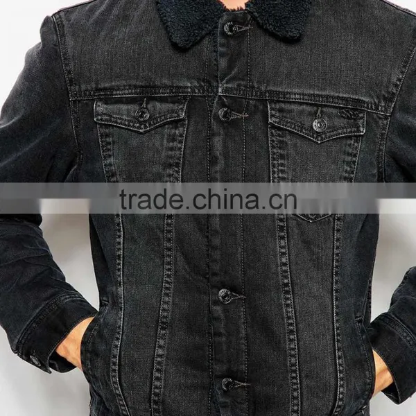 Fashion Wholesale Mens Black Denim Jacket With Fleece Collar photo-3