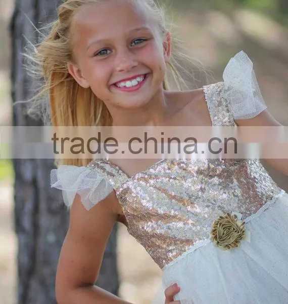 Ivory Gold Sequined Glitter Tulle Lace Fabric Baby Dress Pictures Girls Tutu Dress photo-4