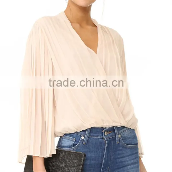 2017 OEM Long Bell Sleeves Surplice Neckline Deep Pleated Blouse photo-3