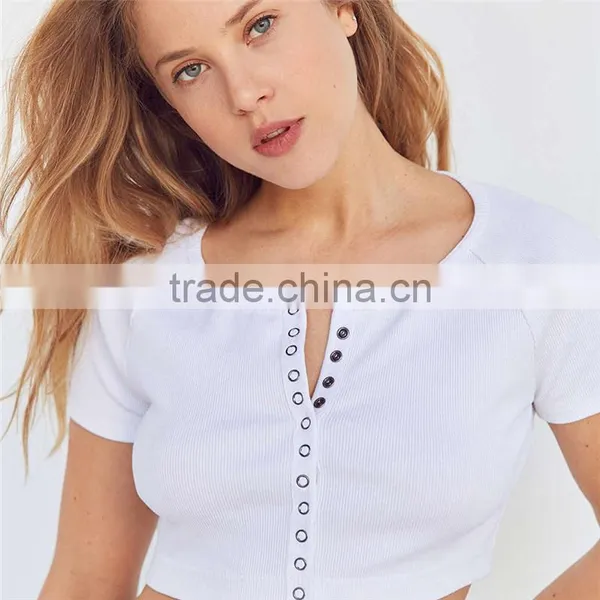 2017 OEM Simple Super Soft Ribbed Knit Cropped Button Down Blouse photo-5