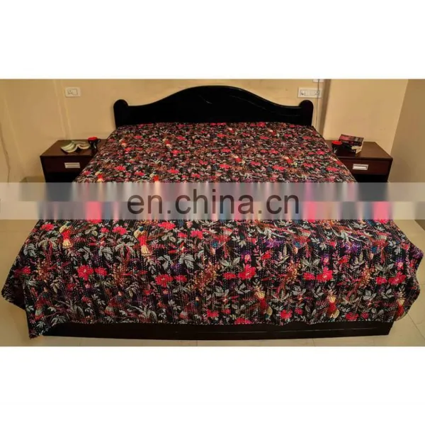 Black Cotton Kantha Work Bird Print Bed Cover Kantha Bird Print Quilt Bedding photo-2