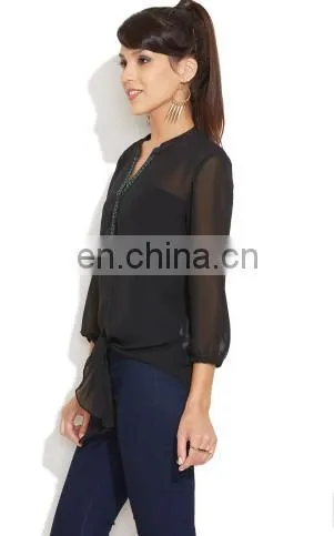 Sexy Trendy High Fashion Stylish Black Chiffon 3/4 Sleeve Embroidered Neck Detailing In Front Top Tunic Blouse Dress For Women photo-2