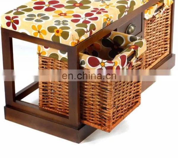 Wicker Basket Drawers Solid Wood Linen Fabric Covered Hall Storage Bench Seat photo-4