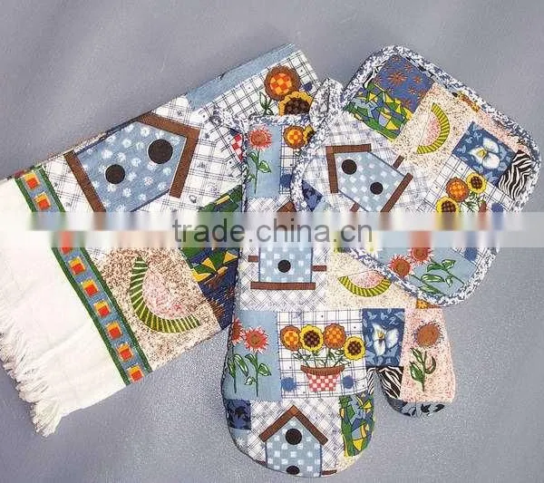 3 Pcs Pigment Print Cotton Cooking Kitchen Oven Mitten Set photo-3