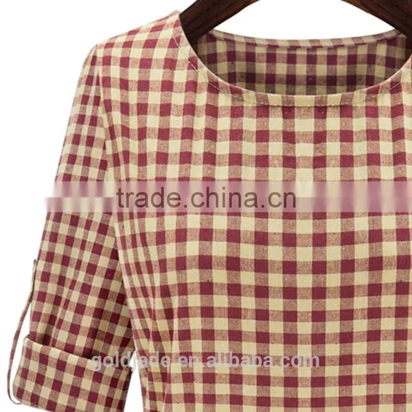 2016 Spring Red and Blue Tantan Print Women Plaid Flannel Shirt Dresses photo-4