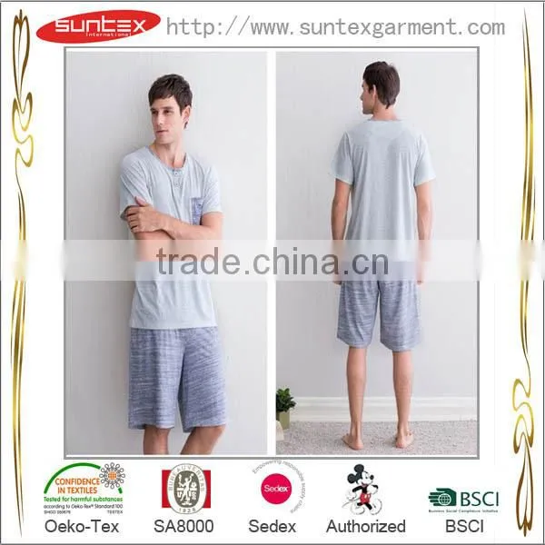 Solid Breathable Cotton Summer Sleepwear Mens Pajama Set photo-3
