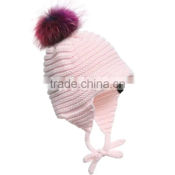 Myfur Removable Raccoon Fur Pompom Crochet Baby Hat With Earflap photo-3