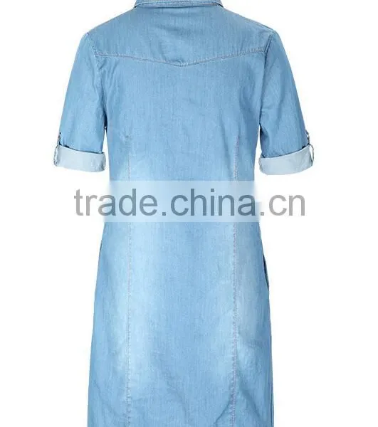 EY1932B Hot Selling Classical Shirt Dress Apparel Fashion Rolled Sleeves Denim Dress photo-3
