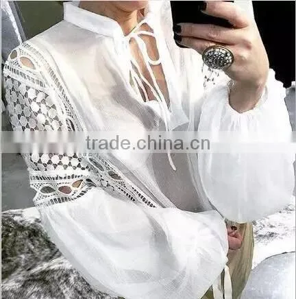 Runwaylover 126 Hot Sale 2017 Ladies Fashion Lace Transparent Chiffon Blouse photo-2