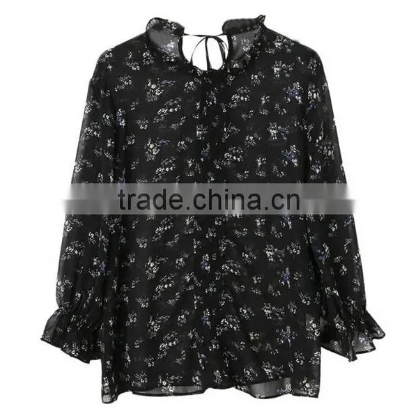 2017 Fashion Womens Puff Sleeve Chiffon Printed Blouse Designs Ladies Fashion Elegant Shirts Blouse photo-6