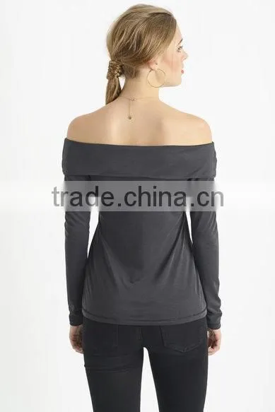 Custom Womens Off-shoulder Cotton Jersey T-Shirts,long Sleeve Black Plain Pure T-shirts for Women photo-4