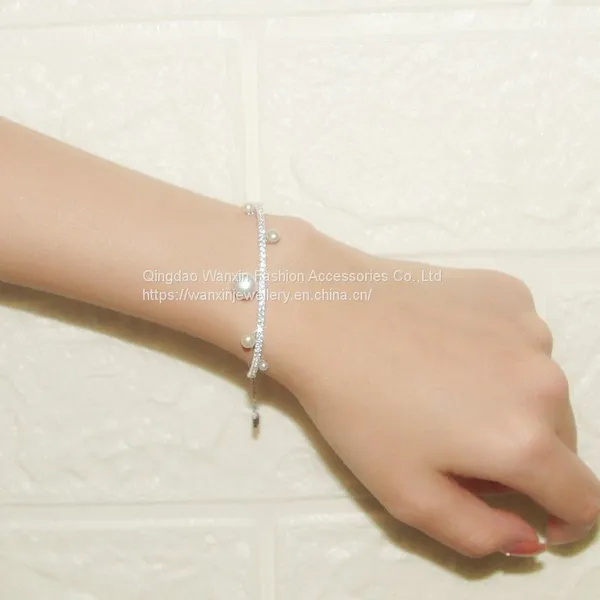 S925 Sterling Silver Women's Diamond Line Pearl Bracelet photo-3