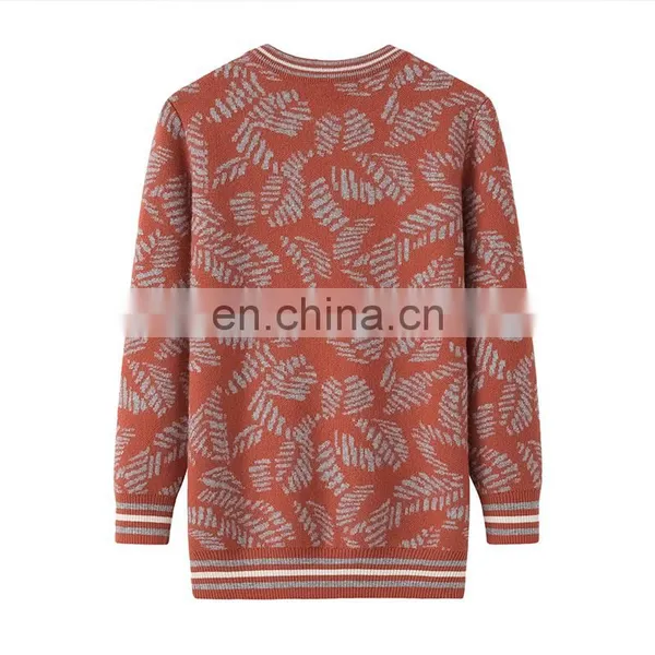 Custom Vintage 100% Cashmere Women's Crew Neck Pullover Knitted Intarsia Leaves Pattern Sweater for Winter OEM Service photo-3