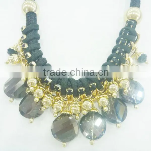 FACHION BRAIDED CORD RHINE STONE NECKLACE EARRING SET WITH BEADS PENDANTS photo-2