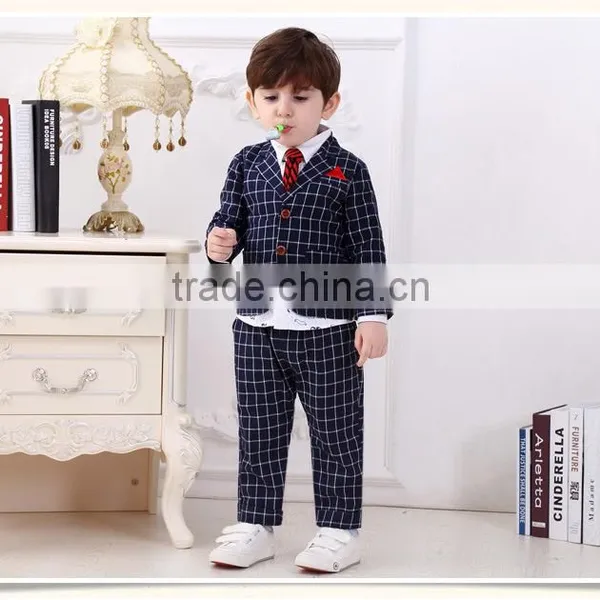 2016 Spring and Autumn Handsome Boys Clothing Set Nevy Blue Plaid Style 3 Pieces Sets Baby Boy Clothes Suit photo-2