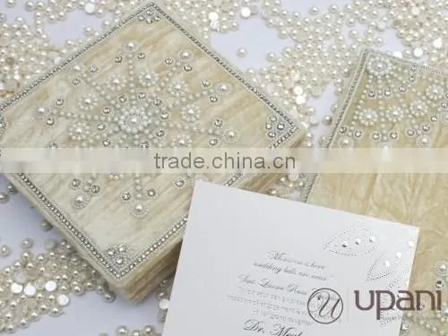 Velvet Wedding Invitation Box Ivory Pearls Hand Embroidery photo-2