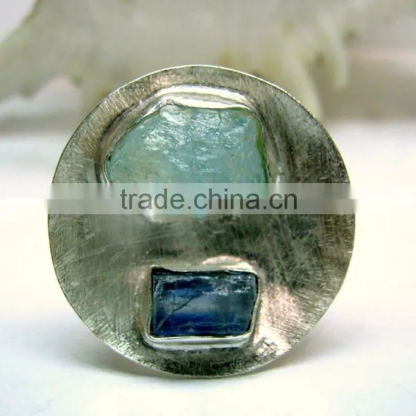 Aquamarine & Blue Kyanite Rough Natural Gemstone Ring, 925 Solid Sterling Silver Ring, Designer Raw Bowl Shaped Ring photo-3