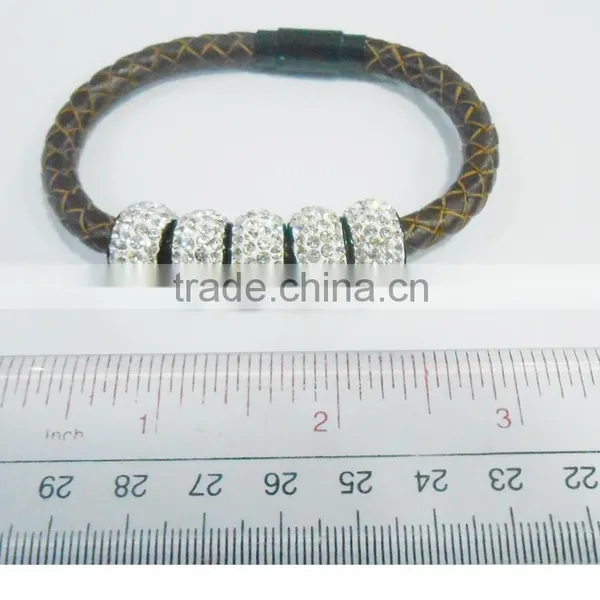 Stainless Steel Leather Bracelet With Crystal Charm photo-2