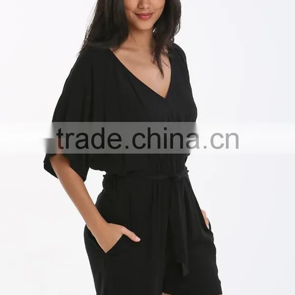 Made In China Deep V Neck Sexy Girls Wearing Jumpsuit Black Beach Wear Short Casual Summer Playsuit For Women photo-3