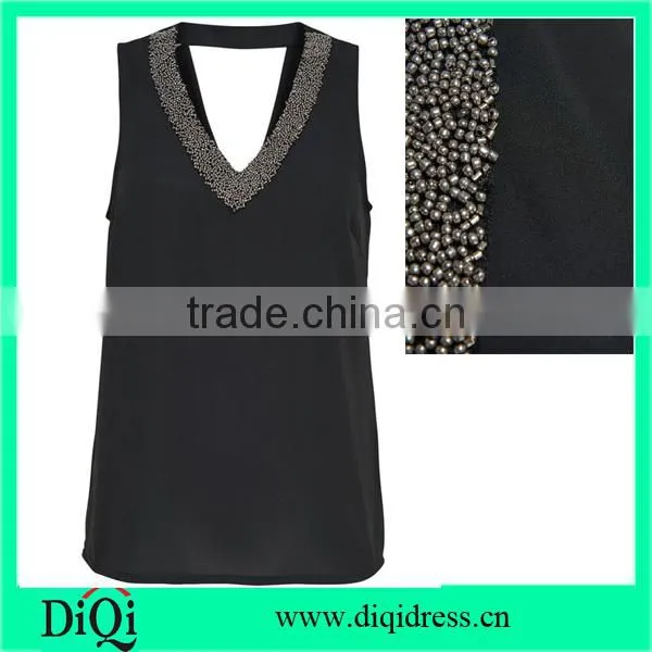 Women Sleeveless Embellished Black v Neck Tank Tops