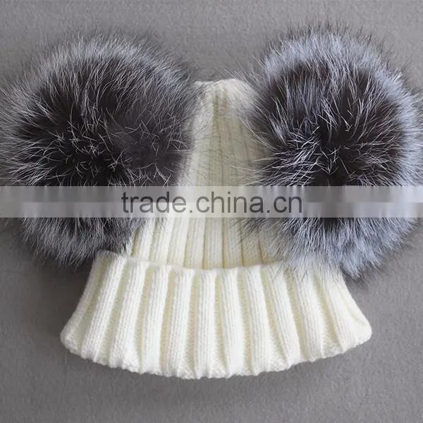 Myfur Royal Blue Man Winter Knitting Hat With Detachable Real Silver Fox Fur Balls photo-5