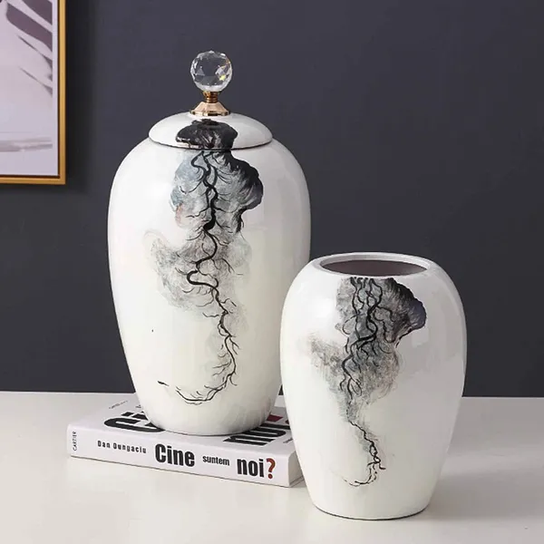 Modern Simple Style Zerba Flower Grass Painting Lidded Ceramic Vases For Home Table Decoration photo-2
