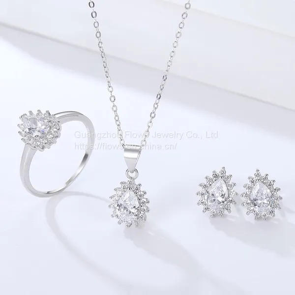 The Platinum Gold Plated 925 Sterling Silver Jewelry Set Rings Inlay Water Drop Sapphire photo-2
