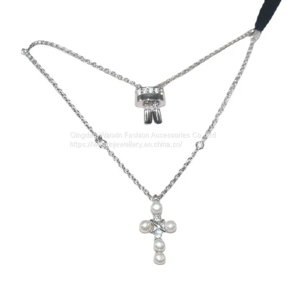 S925 Sterling Silver Necklace Diamond Pearl Cross Clavicle Chain