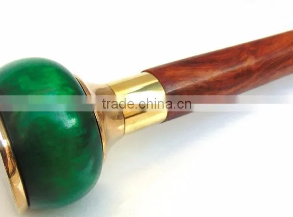 Antique Brass Walking Stick/Green Color Compass Handle Walking Stick/Brown Wood Walking Stick Wk1114