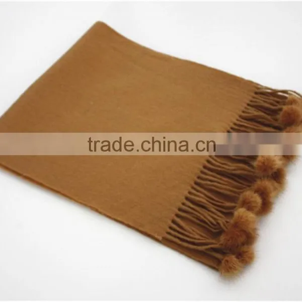 Camel Plain Color Pure Wool Scarf With Rabbit photo-2
