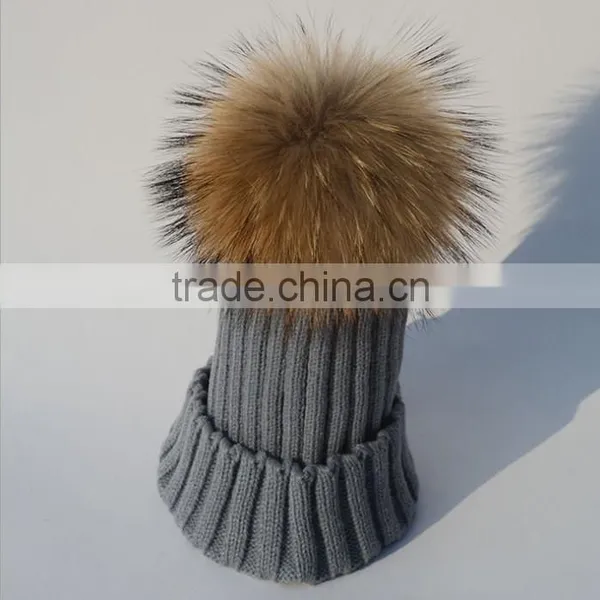 Children Hat Kids Hat Children Winter Raccoon Fur Hats 100% Real 15cm Fur Pompom Beanies Cap Natural Fur Hat For Kids Children photo-6