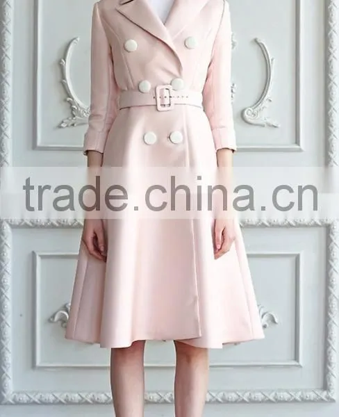 Classic Elegant Ladies Pinched Waist Solid Color Double Breasted Long Windbreaker Wind Coat photo-3