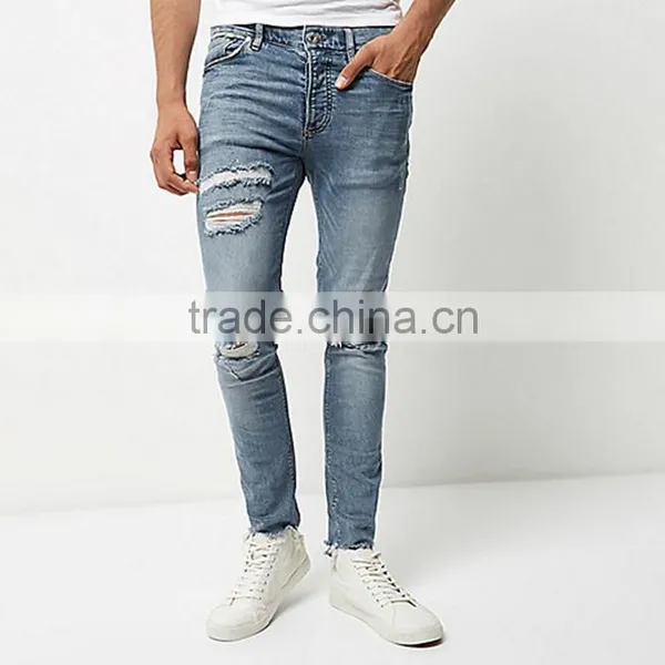 Men Five Pockets Light Blue Wash Super Skinny Ripped Jeans photo-2