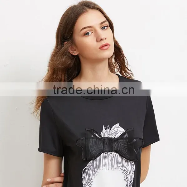 Printed Black Bow Dresses for 15-20 Years Girls Short Sleeve Tee Dress photo-5