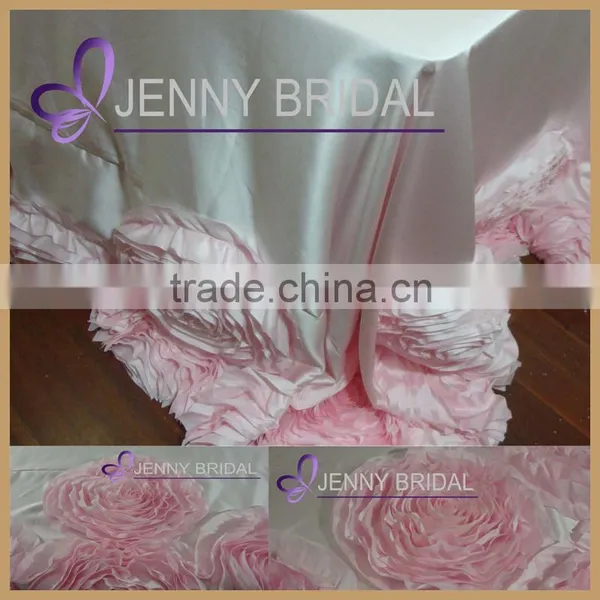TC107C Factory Supplier Blush Pink Satin Ruffle Rosette Table Cloth photo-2