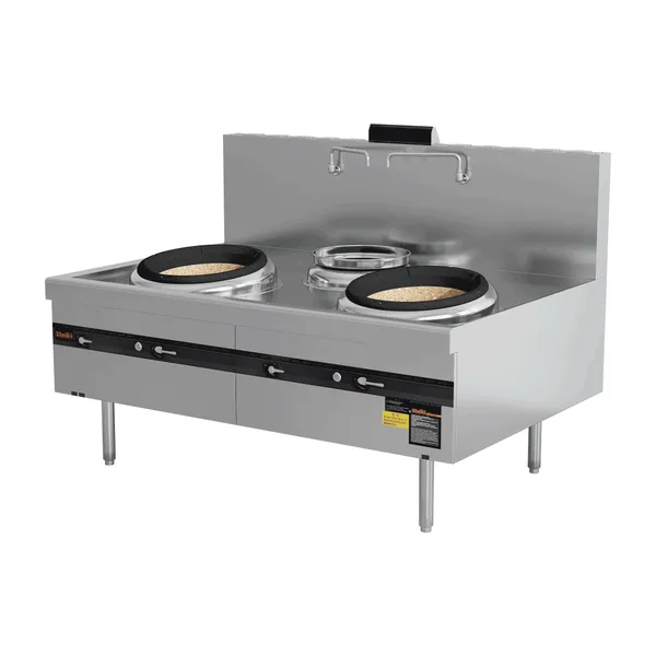 Gas Double-Head Single-Tail Wok with Electromagnetic Safety System & 45kW/Burner Heat Load