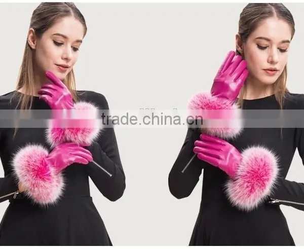 Hot Pink Lamb Leather Gloves With Fluffy Fox Fur Trim Fashion Leather Wrist Gloves photo-3