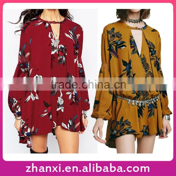 Puff Sleeve Fashion Women Frock Girls Floral Printed Chiffon One Piece Dress New Style