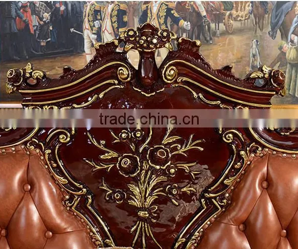 European Royal Brown Wooden Hand Carved Bed With Leather Headboard(MOQ=1 SET) photo-3