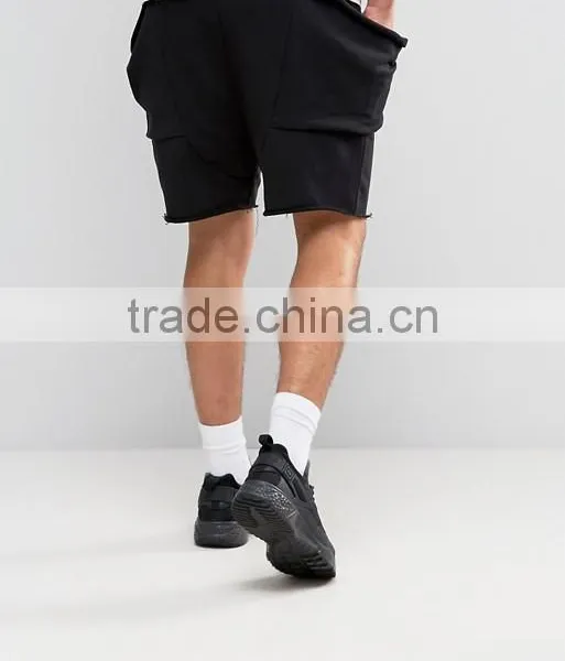 High Quality New Design Custom Raw Hem Drawstring Waist 100% Cotton Breathable Black Men's Sweat Big Side Pockets Fashion Shorts photo-2