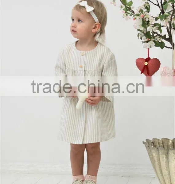 New Design Long Sleeve Stripe Casual Linen Baby Girl Kids Frock Summer Dress photo-3