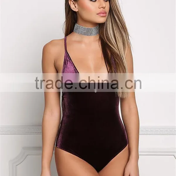 MGOO Fashion Manufacturer Purple Plunge Strap Bodysuits Velvet Blouses Cross V Neck Sexy Bloues Tops photo-3