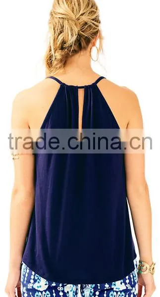 2017 Women Lacy Tank Top Round Neck Hem Heyhole Shirring Pima Cotton Modal Plain Dyed photo-2