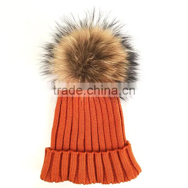 Myfur Orange Warm Ribbed Knit Hat With Natural Raccoon Fur Ball Top photo-2